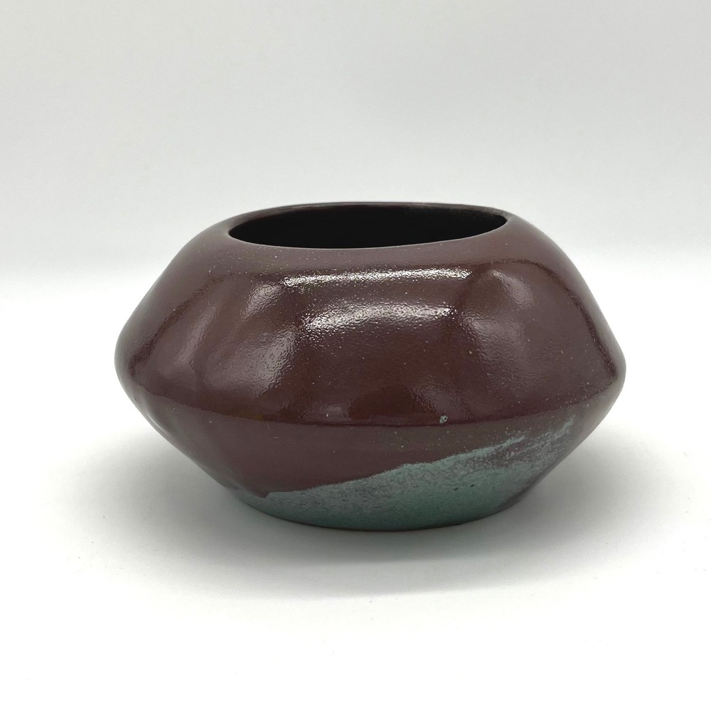 Mott Studio Pottery Signed 2002 Oxblood Teal Small Bulbous Bowl Vase‎ MCM Style